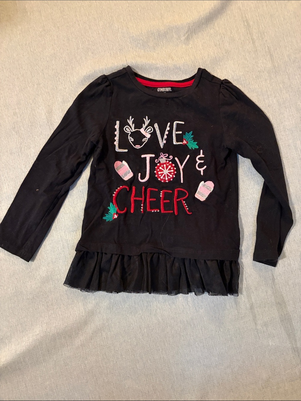 Gymboree Black Long-Sleeve 'Love Joy & Cheer' Ruffle Hem Top
